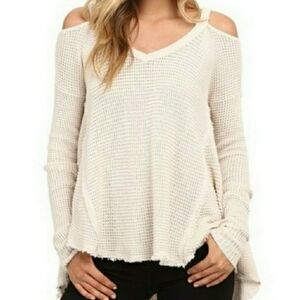 Free People Moonshine Sweater Women XS Cream Off-Shoulder Cable Knit Fringe